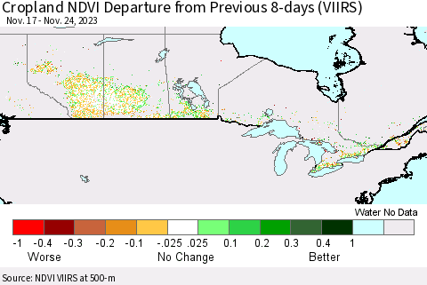 Canada Cropland NDVI Departure from Previous 8-days (VIIRS) Thematic Map For 11/17/2023 - 11/24/2023
