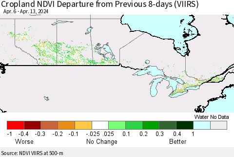 Canada Cropland NDVI Departure from Previous 8-days (VIIRS) Thematic Map For 4/6/2024 - 4/13/2024