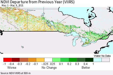 Canada NDVI Departure from Previous Year (VIIRS) Thematic Map For 5/1/2021 - 5/8/2021