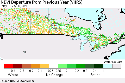 Canada NDVI Departure from Previous Year (VIIRS) Thematic Map For 5/9/2021 - 5/16/2021