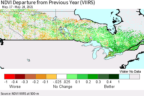 Canada NDVI Departure from Previous Year (VIIRS) Thematic Map For 5/17/2021 - 5/24/2021