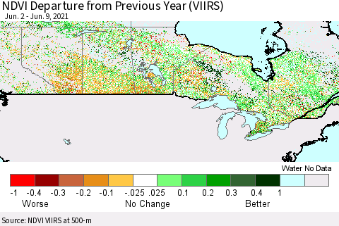 Canada NDVI Departure from Previous Year (VIIRS) Thematic Map For 6/2/2021 - 6/9/2021