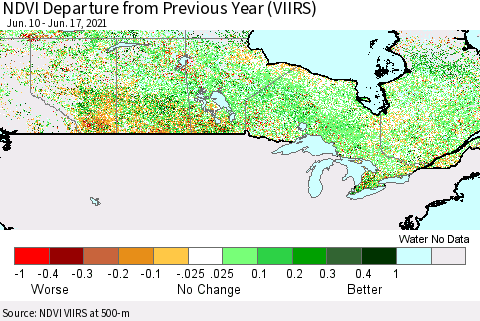 Canada NDVI Departure from Previous Year (VIIRS) Thematic Map For 6/10/2021 - 6/17/2021