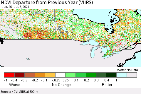 Canada NDVI Departure from Previous Year (VIIRS) Thematic Map For 6/26/2021 - 7/3/2021