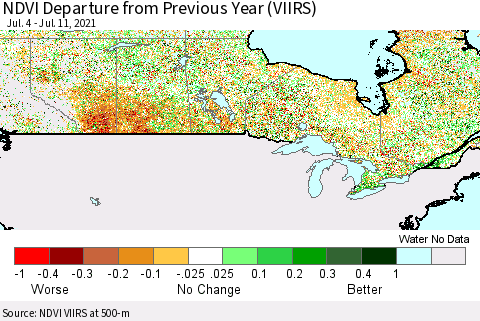 Canada NDVI Departure from Previous Year (VIIRS) Thematic Map For 7/4/2021 - 7/11/2021