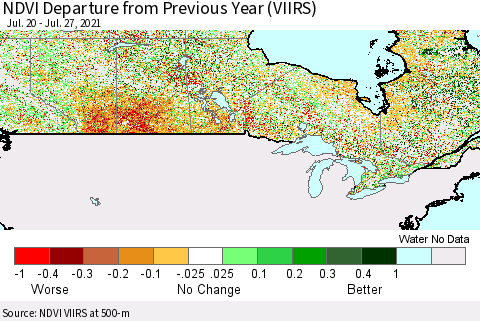 Canada NDVI Departure from Previous Year (VIIRS) Thematic Map For 7/20/2021 - 7/27/2021