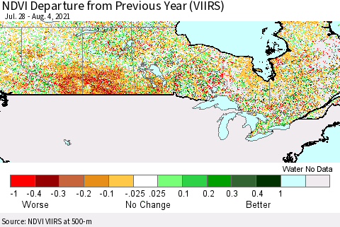 Canada NDVI Departure from Previous Year (VIIRS) Thematic Map For 7/28/2021 - 8/4/2021