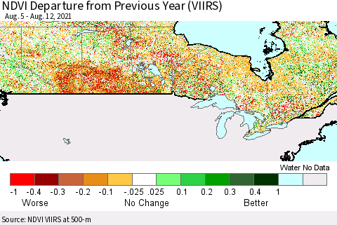 Canada NDVI Departure from Previous Year (VIIRS) Thematic Map For 8/5/2021 - 8/12/2021