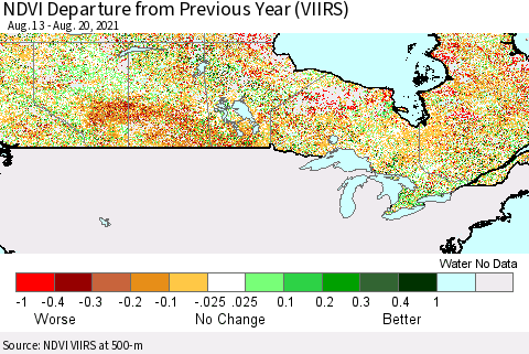 Canada NDVI Departure from Previous Year (VIIRS) Thematic Map For 8/13/2021 - 8/20/2021
