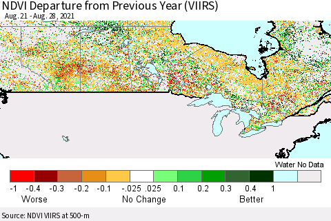 Canada NDVI Departure from Previous Year (VIIRS) Thematic Map For 8/21/2021 - 8/28/2021