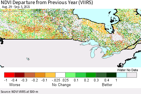 Canada NDVI Departure from Previous Year (VIIRS) Thematic Map For 8/29/2021 - 9/5/2021