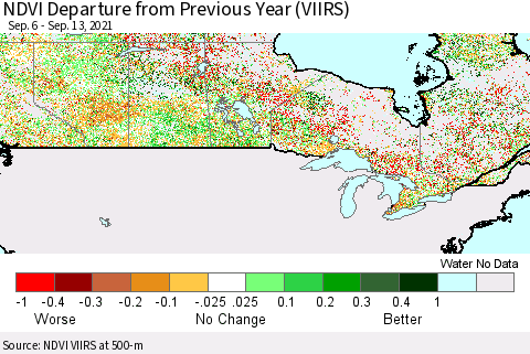 Canada NDVI Departure from Previous Year (VIIRS) Thematic Map For 9/6/2021 - 9/13/2021