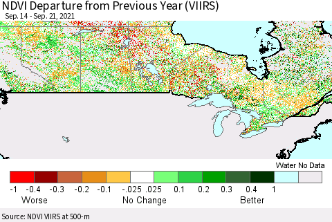 Canada NDVI Departure from Previous Year (VIIRS) Thematic Map For 9/14/2021 - 9/21/2021