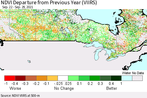 Canada NDVI Departure from Previous Year (VIIRS) Thematic Map For 9/22/2021 - 9/29/2021