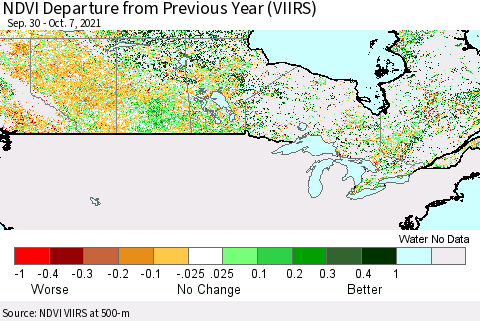 Canada NDVI Departure from Previous Year (VIIRS) Thematic Map For 9/30/2021 - 10/7/2021