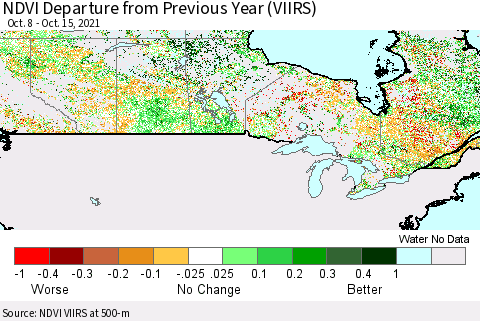 Canada NDVI Departure from Previous Year (VIIRS) Thematic Map For 10/8/2021 - 10/15/2021
