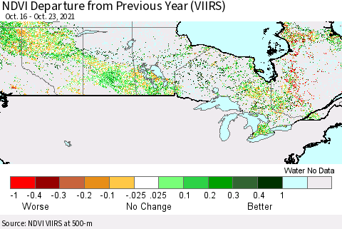 Canada NDVI Departure from Previous Year (VIIRS) Thematic Map For 10/16/2021 - 10/23/2021