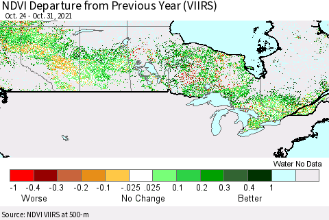 Canada NDVI Departure from Previous Year (VIIRS) Thematic Map For 10/24/2021 - 10/31/2021