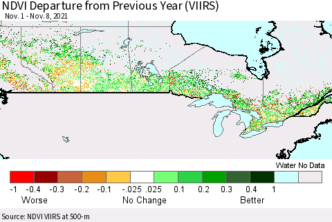 Canada NDVI Departure from Previous Year (VIIRS) Thematic Map For 11/1/2021 - 11/8/2021