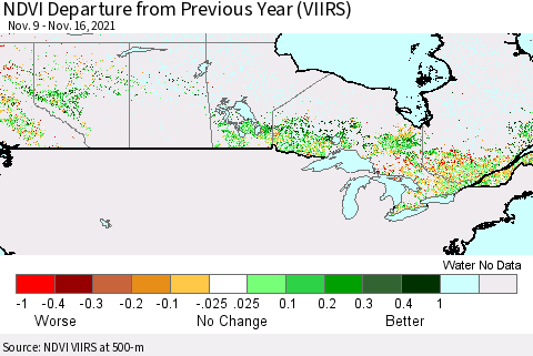 Canada NDVI Departure from Previous Year (VIIRS) Thematic Map For 11/9/2021 - 11/16/2021