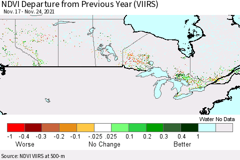 Canada NDVI Departure from Previous Year (VIIRS) Thematic Map For 11/17/2021 - 11/24/2021