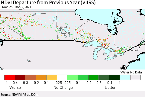 Canada NDVI Departure from Previous Year (VIIRS) Thematic Map For 11/25/2021 - 12/2/2021
