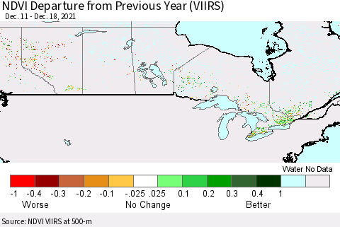 Canada NDVI Departure from Previous Year (VIIRS) Thematic Map For 12/11/2021 - 12/18/2021