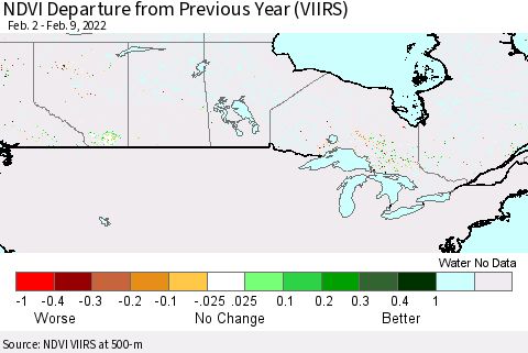 Canada NDVI Departure from Previous Year (VIIRS) Thematic Map For 2/2/2022 - 2/9/2022