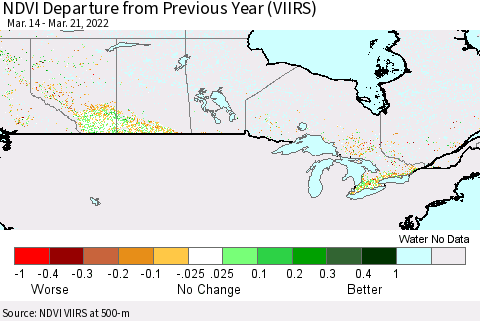 Canada NDVI Departure from Previous Year (VIIRS) Thematic Map For 3/14/2022 - 3/21/2022