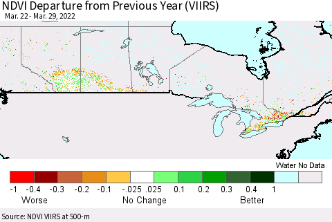 Canada NDVI Departure from Previous Year (VIIRS) Thematic Map For 3/22/2022 - 3/29/2022