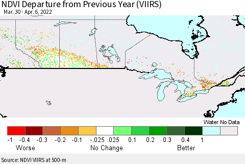Canada NDVI Departure from Previous Year (VIIRS) Thematic Map For 3/30/2022 - 4/6/2022