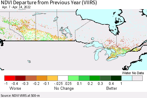 Canada NDVI Departure from Previous Year (VIIRS) Thematic Map For 4/7/2022 - 4/14/2022