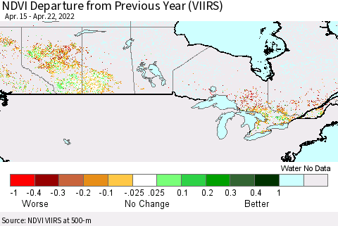 Canada NDVI Departure from Previous Year (VIIRS) Thematic Map For 4/15/2022 - 4/22/2022