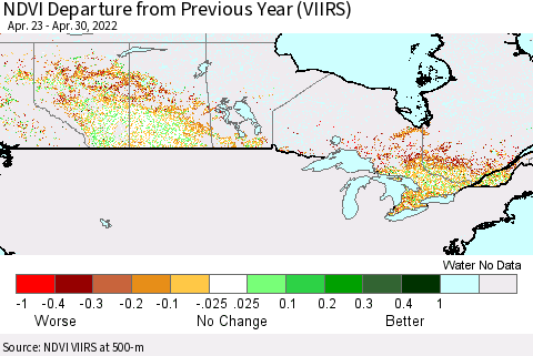 Canada NDVI Departure from Previous Year (VIIRS) Thematic Map For 4/23/2022 - 4/30/2022