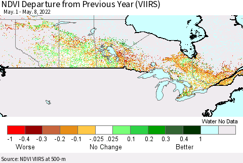 Canada NDVI Departure from Previous Year (VIIRS) Thematic Map For 5/1/2022 - 5/8/2022