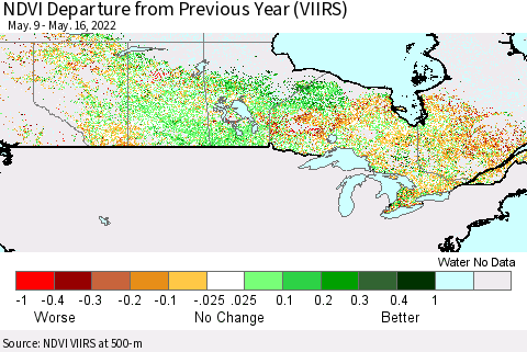 Canada NDVI Departure from Previous Year (VIIRS) Thematic Map For 5/9/2022 - 5/16/2022