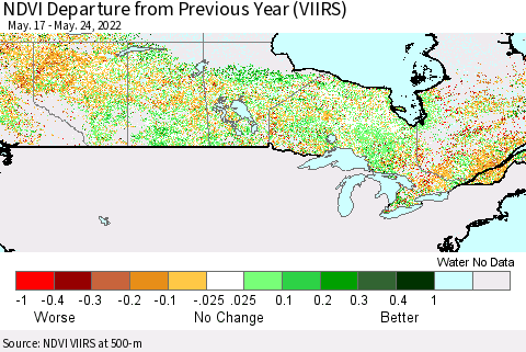 Canada NDVI Departure from Previous Year (VIIRS) Thematic Map For 5/17/2022 - 5/24/2022