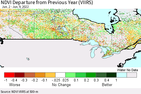 Canada NDVI Departure from Previous Year (VIIRS) Thematic Map For 6/2/2022 - 6/9/2022