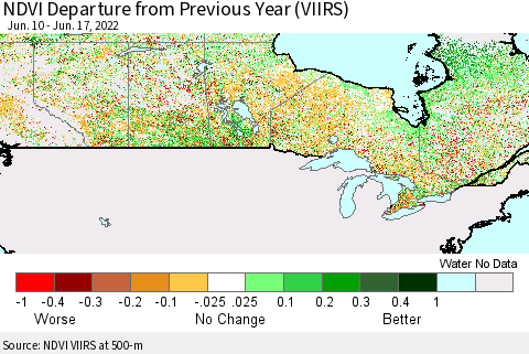 Canada NDVI Departure from Previous Year (VIIRS) Thematic Map For 6/10/2022 - 6/17/2022