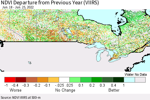 Canada NDVI Departure from Previous Year (VIIRS) Thematic Map For 6/18/2022 - 6/25/2022