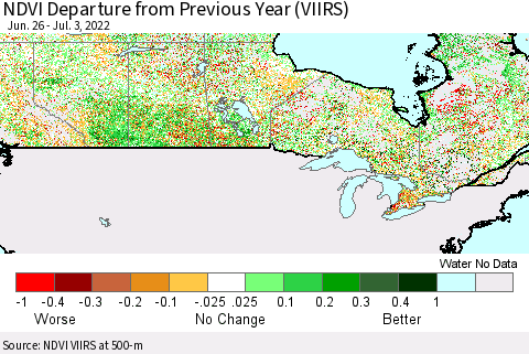 Canada NDVI Departure from Previous Year (VIIRS) Thematic Map For 6/26/2022 - 7/3/2022