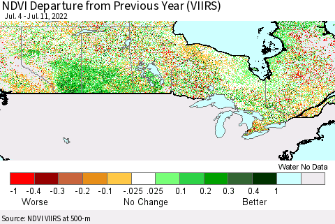 Canada NDVI Departure from Previous Year (VIIRS) Thematic Map For 7/4/2022 - 7/11/2022