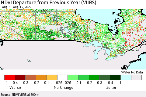 Canada NDVI Departure from Previous Year (VIIRS) Thematic Map For 8/5/2022 - 8/12/2022