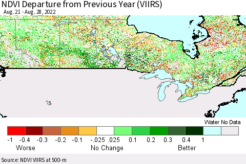 Canada NDVI Departure from Previous Year (VIIRS) Thematic Map For 8/21/2022 - 8/28/2022