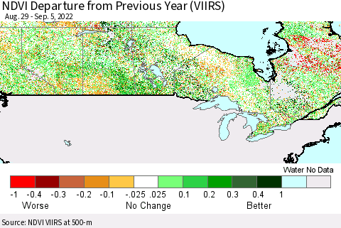 Canada NDVI Departure from Previous Year (VIIRS) Thematic Map For 8/29/2022 - 9/5/2022