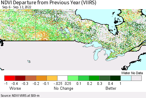 Canada NDVI Departure from Previous Year (VIIRS) Thematic Map For 9/6/2022 - 9/13/2022