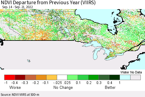 Canada NDVI Departure from Previous Year (VIIRS) Thematic Map For 9/14/2022 - 9/21/2022