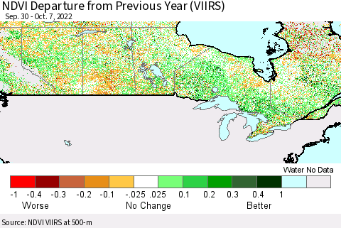 Canada NDVI Departure from Previous Year (VIIRS) Thematic Map For 9/30/2022 - 10/7/2022
