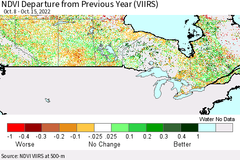 Canada NDVI Departure from Previous Year (VIIRS) Thematic Map For 10/8/2022 - 10/15/2022