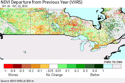 Canada NDVI Departure from Previous Year (VIIRS) Thematic Map For 10/16/2022 - 10/23/2022